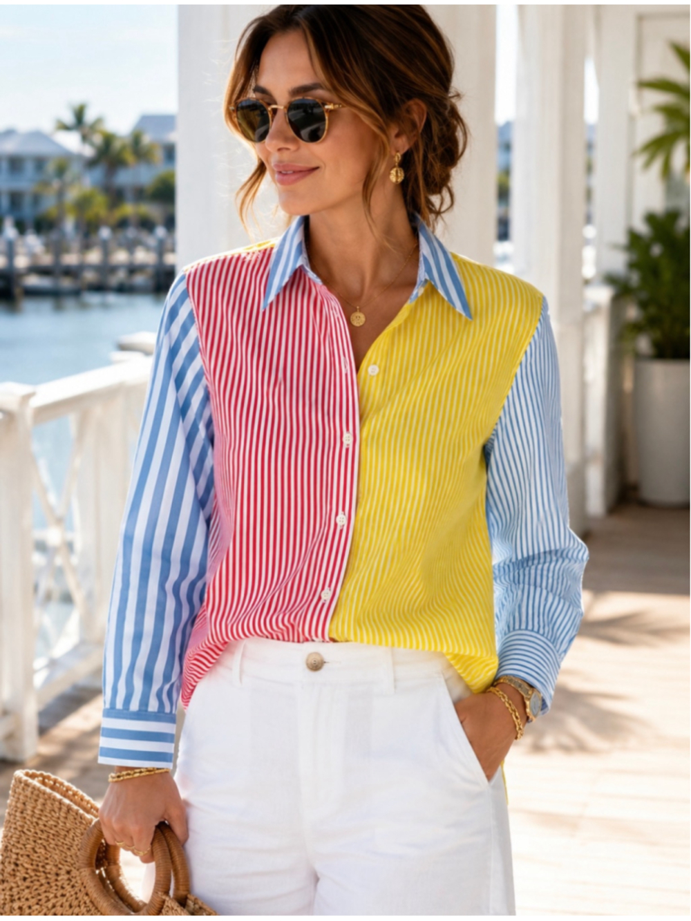 Lauren Ralph Lauren Women’s Large Colorblock Stripe Button Down Shirt Coastal